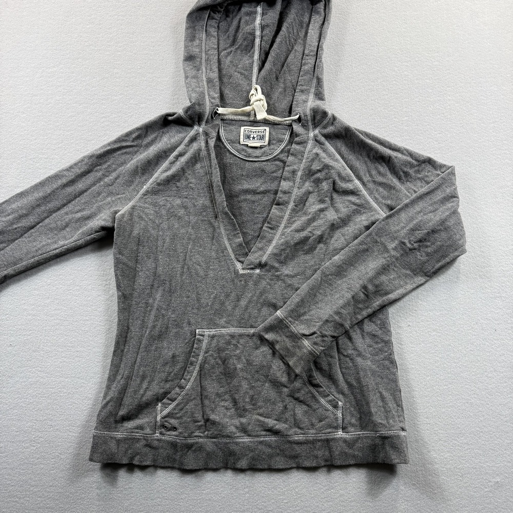 Converse One Star‎ Shirt Womens Medium Gray Hooded V Neck Kangaroo Pocket Top